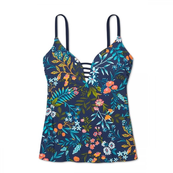 Kona Sol Woman Strappy Front Tankini Navy Floral - Picture 2 of 3